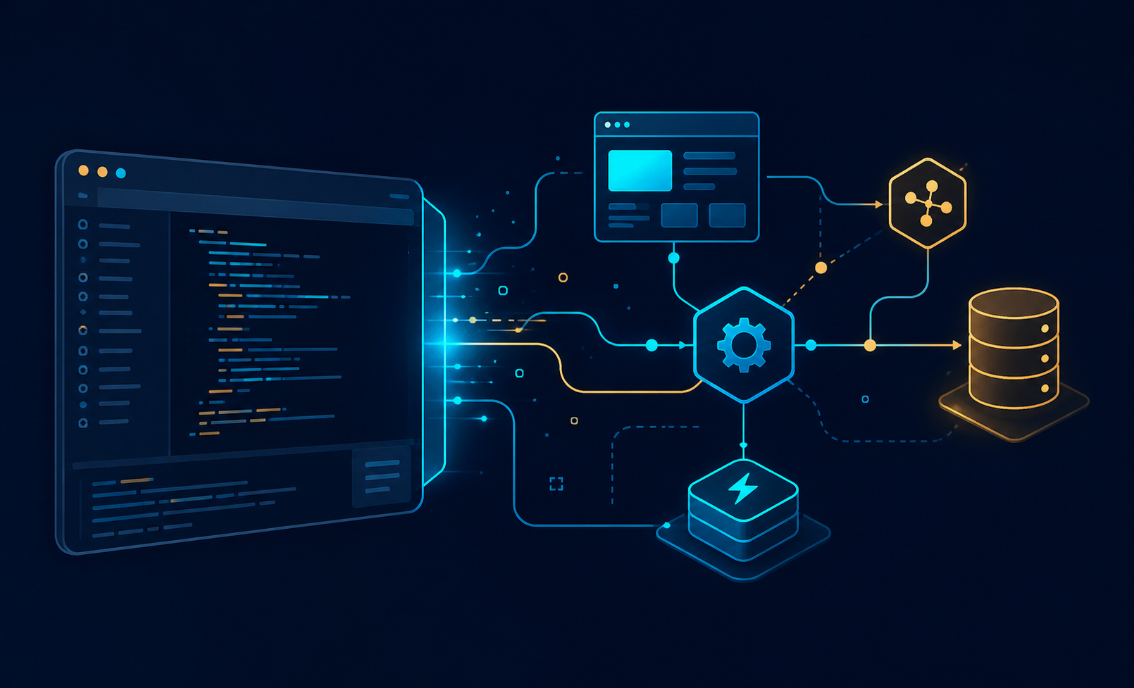 A code editor feeding a system map with browser, API, cache, and database nodes.